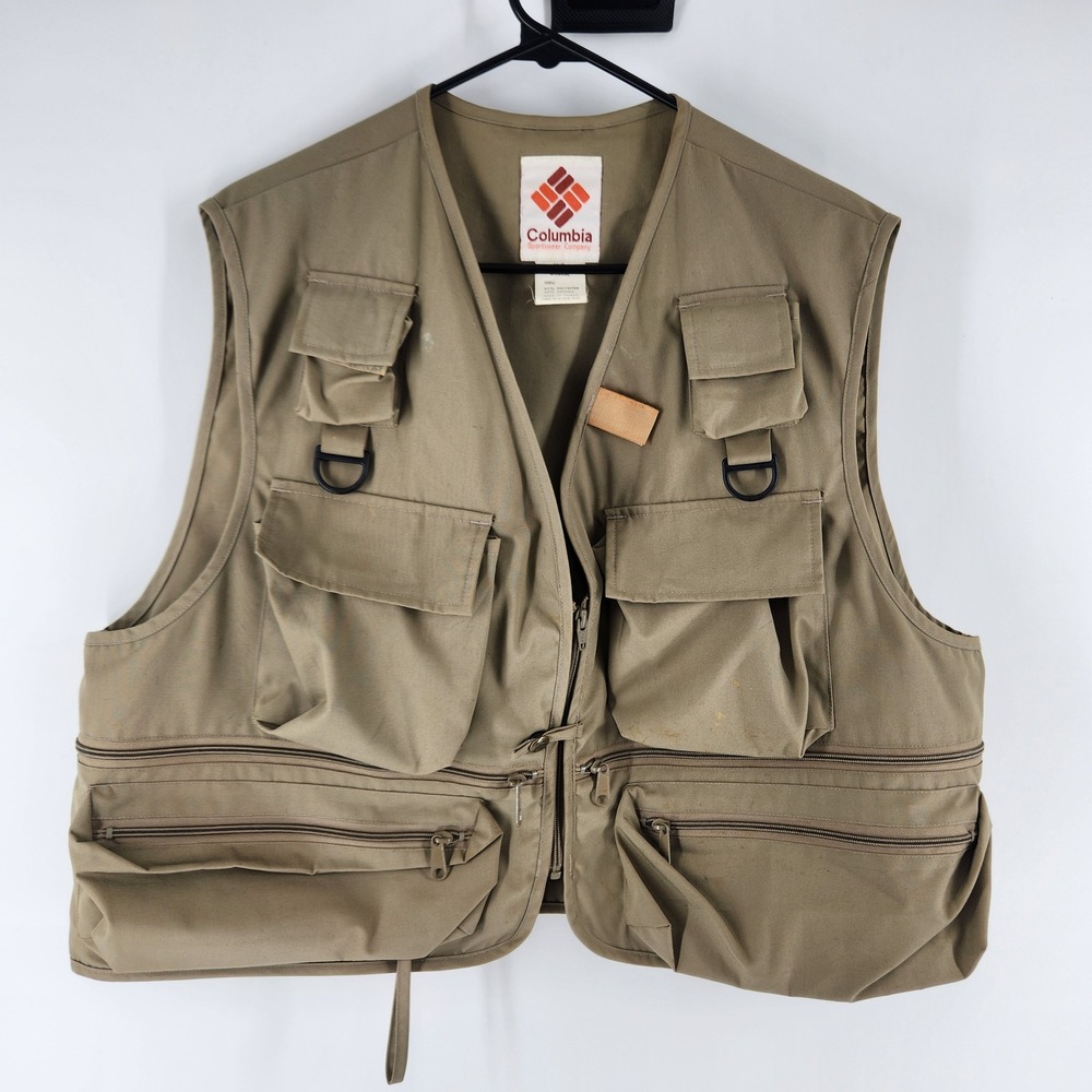 Vintage Columbia Fishing Vest Men's XL Khaki Multi Pocket Utility Outdoor